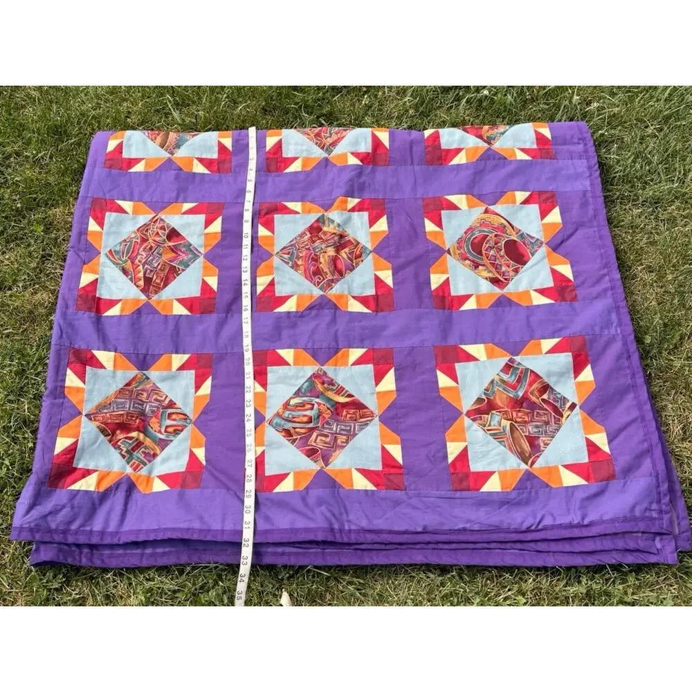 Vintage Handmade New Mexico Desert Pin Wheel Patchwork Quilt 78x64 Purple M7
